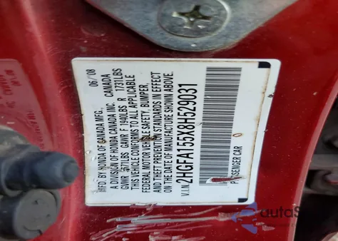 2008 Honda Civic Lx z USA, uszkodzony, nr VIN 2HGFA155X8H529031